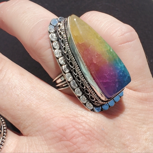 New Oversized Rainbow Solar Agate Quartz 925 Silver Statement Ring. - Picture 7 of 16